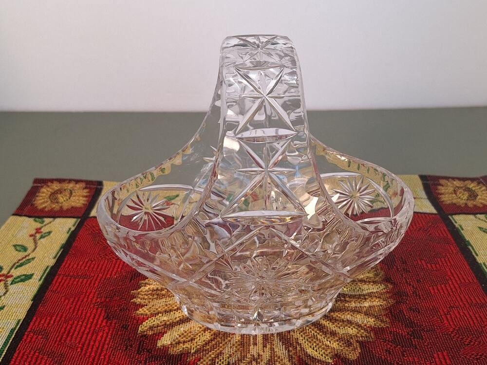 Vintage Heavy Cut Crystal Basket Handle Bowl Starburst Candy Dish - 2lbs 13oz